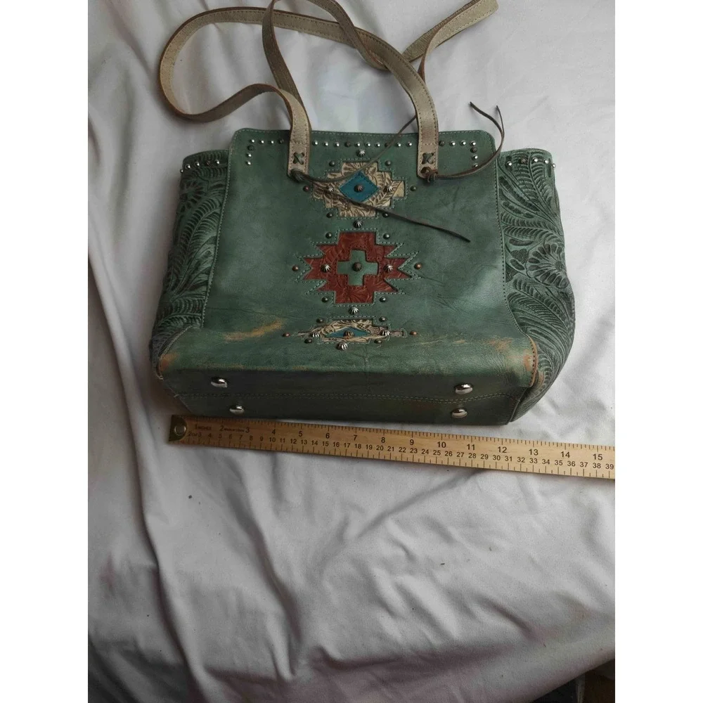Montana West Tooled Leather Tote Bag Green‎ Southwestern Studded Western Aztec